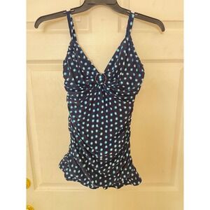 Coco Reef Navy Blue Geometric Dot Tankini Swim Top Underwire 34DD Ruched V-Neck